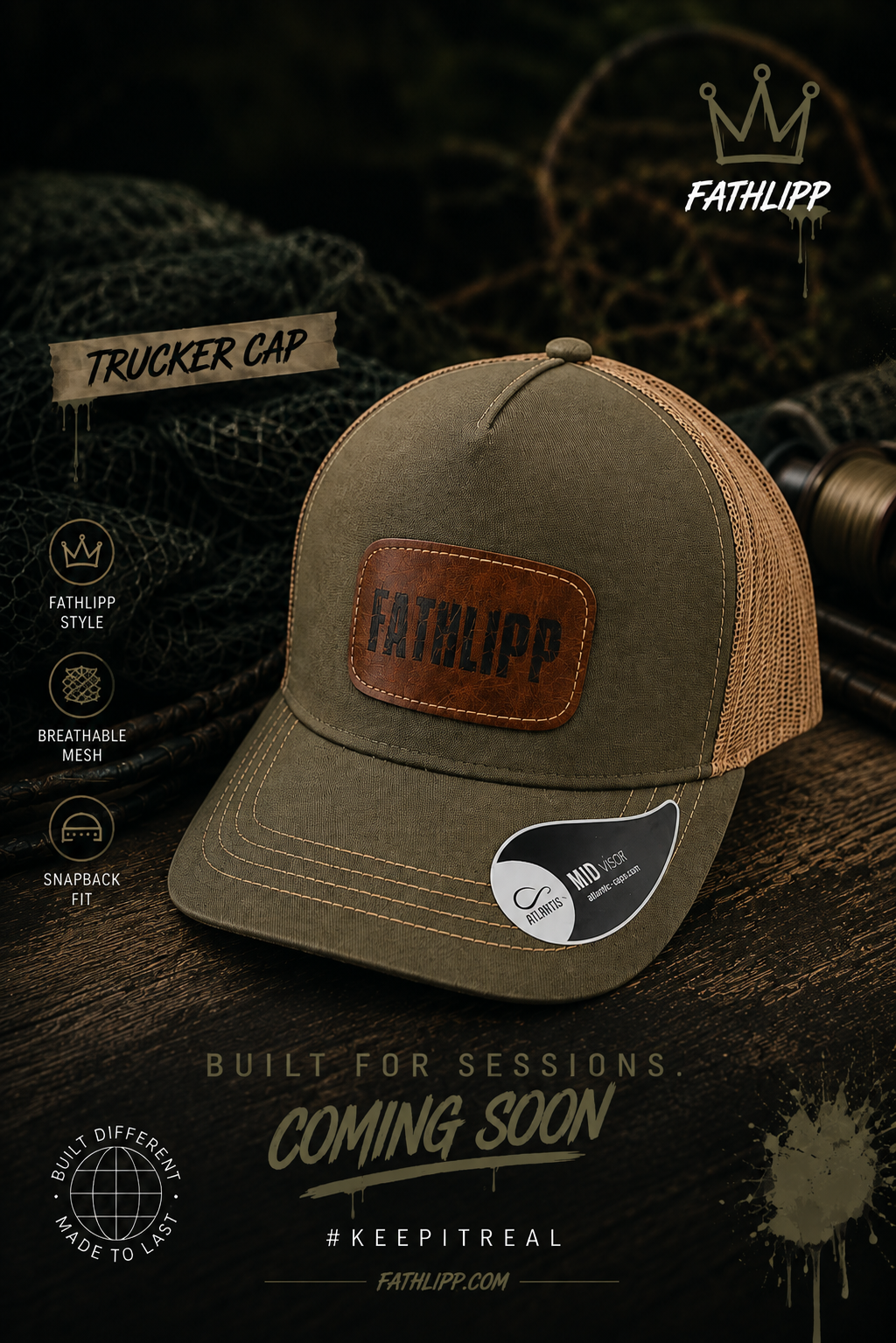 FATHLIPP Trucker Cap – Olive / Tan Leather Patch